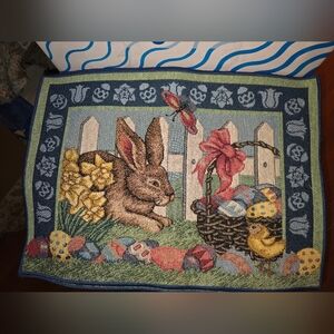 Easter Bunny Tapestry Rug with Floral and Basket Design